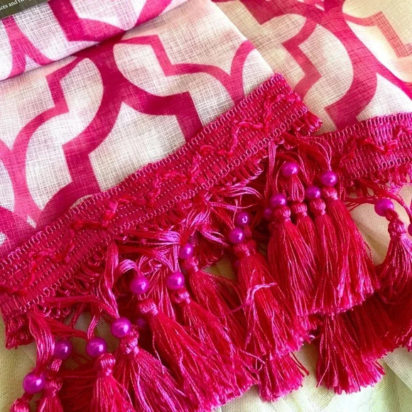 Sanders Window Waterfall Pink & White Valance Geo Sheer with Decorative Fringes - Picture 2 of 8